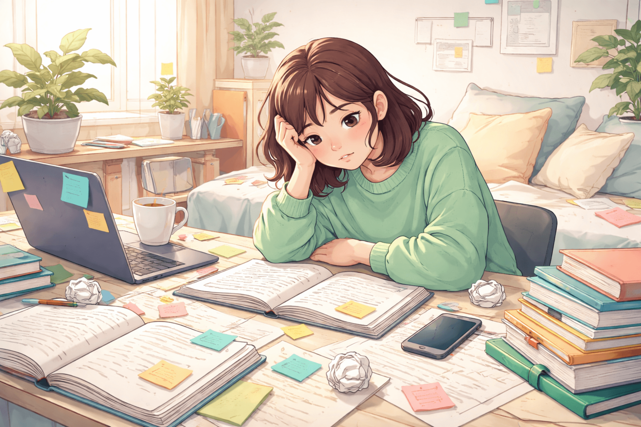 Student overwhelmed by messy notes and study prep